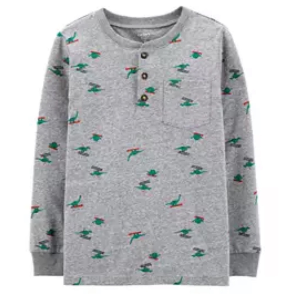 Carter’s Boys Dinosaur on Skis and Snowboard Winter Print Henley Tee Shirt